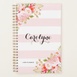 Vrouwelijke Roze Strepen Bloemen Gepersonaliseerde Planner<br><div class="desc">Vrouwelijke en elegante planner illustraties van roze pioenen,  bloemen en bladeren. Deze roze botanische planner zal perfect zijn als een persoonlijk geschenk.</div>