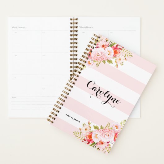 Vrouwelijke Roze Strepen Bloemen Gepersonaliseerde Planner (Display)