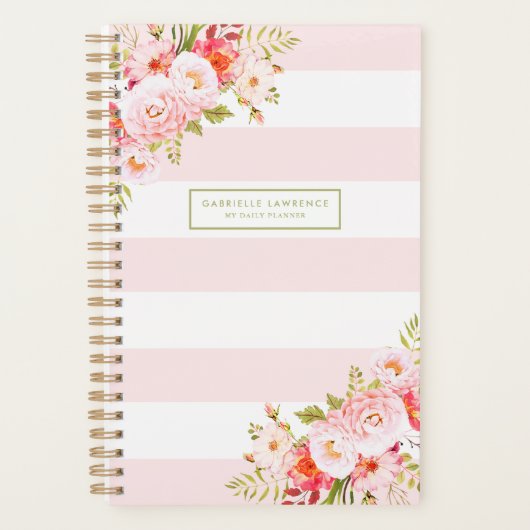 Vrouwelijke Roze Strepen en pioenen Custom Planner (Voorkant)