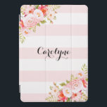Vrouwelijke Roze Strepen Pioenen Custom iPad Cover iPad Pro Hoesje<br><div class="desc">Vrouwelijke en elegante iPad pro cover met illustraties van roze pioenen,  bloemen en gebladerte. Deze roze botanische iPad pro cover zal perfect zijn als een persoonlijk geschenk.</div>