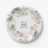 Vrouwelijke Roze Waterverf Bloemen 80ste Verjaarda Papieren Bordje (Voorkant)