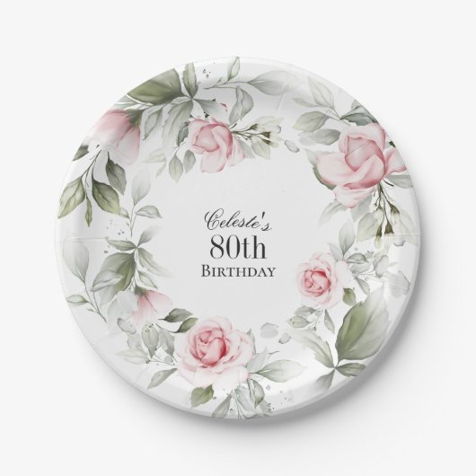 Vrouwelijke Roze Waterverf Bloemen 80ste Verjaarda Papieren Bordje (Voorkant)