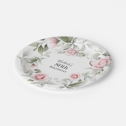 Vrouwelijke Roze Waterverf Bloemen 80ste Verjaarda Papieren Bordje (Gekanteld)