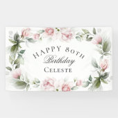 Vrouwelijke Roze Waterverf Bloemen 80ste Verjaarda Spandoek (Horizontaal)
