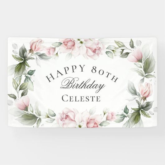 Vrouwelijke Roze Waterverf Bloemen 80ste Verjaarda Spandoek (Horizontaal)