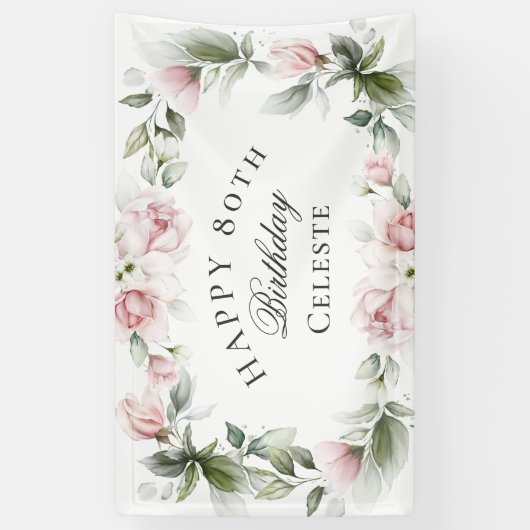 Vrouwelijke Roze Waterverf Bloemen 80ste Verjaarda Spandoek (Verticaal)