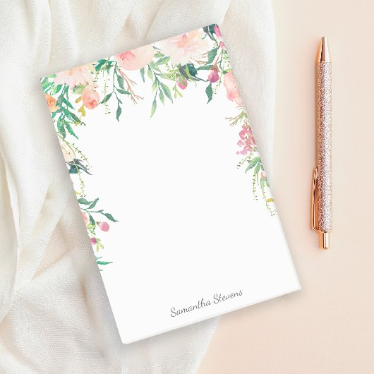 Vrouwelijke Roze Waterverf Bloemen met Jouw naam Post-it® Notes