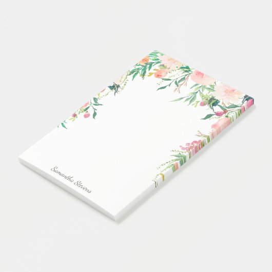 Vrouwelijke Roze Waterverf Bloemen met Jouw naam Post-it® Notes (Schuin)
