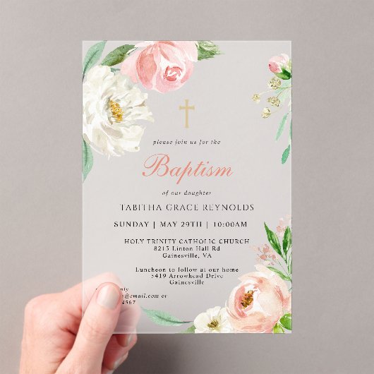 Vrouwelijke Roze Waterverf Bloemen Religieuze Doop Acryl Uitnodigingen (Insitu (Draagbaar))