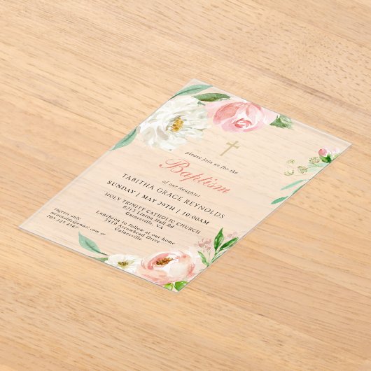 Vrouwelijke Roze Waterverf Bloemen Religieuze Doop Acryl Uitnodigingen (Laagn)
