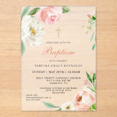 Vrouwelijke Roze Waterverf Bloemen Religieuze Doop Acryl Uitnodigingen (Voorkant)