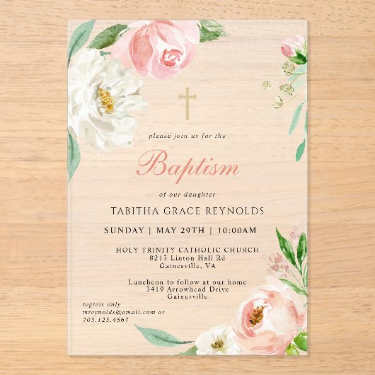 Vrouwelijke Roze Waterverf Bloemen Religieuze Doop Acryl Uitnodigingen (Voorkant)
