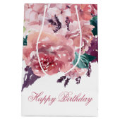  Vrouwelijke Roze Waterverf Bloemen Verjaardag Medium Cadeauzakje (Achterkant)