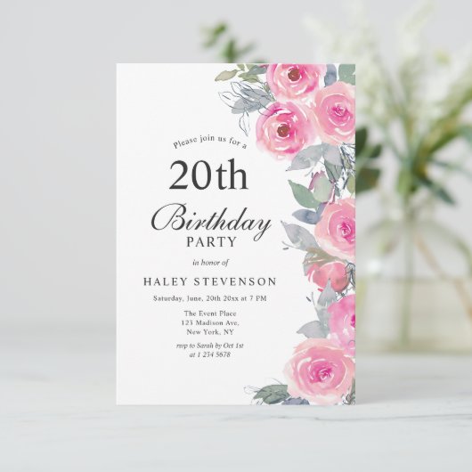 Vrouwelijke Roze Waterverf Floral Chic 20e Verjaar Kaart (Staand voorkant)