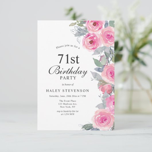 Vrouwelijke Roze Waterverf Floral Chic 71e Verjaar Kaart (Staand voorkant)