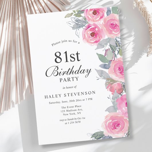 Vrouwelijke Roze Waterverf Floral Chic 81e Verjaar Kaart