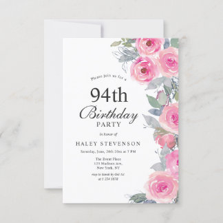 Vrouwelijke Roze Waterverf Floral Chic 94e Verjaar Kaart