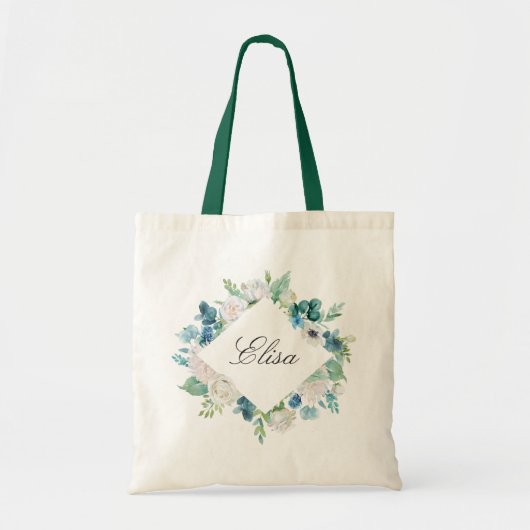 Vrouwelijke Salie Groen Blauw Wit Bloemen Rand Tote Bag (Voorkant)