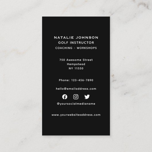 Vrouwelijke Sportcoach Social Media Golfinstructeu Visitekaartje (Achterkant)