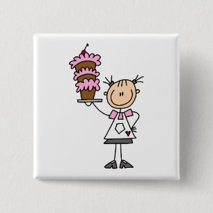 Vrouwelijke Stick Figure Bakker T-shirts en Cadeau Vierkante Button 5,1 Cm