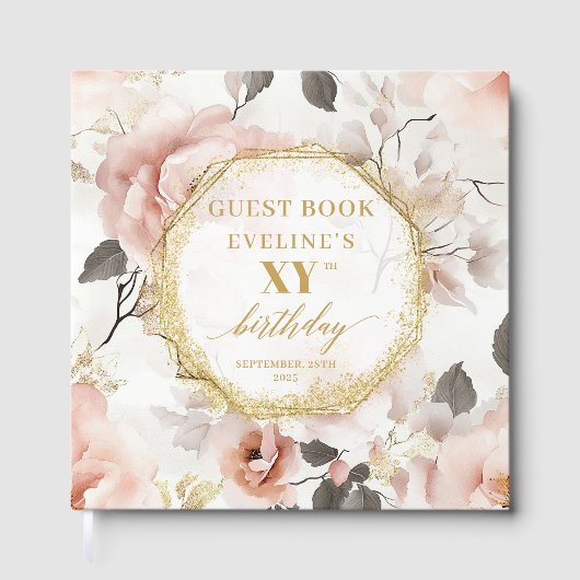 Vrouwelijke stoffige roze ivoor gouden verjaardag  gastenboek (Voorkant)