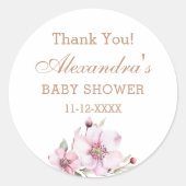 Vrouwelijke stoffige roze rozen babyshower bedankj ronde sticker (Voorkant)