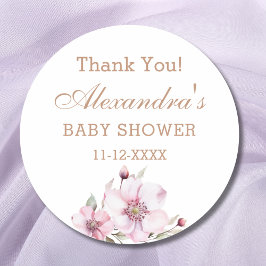 Vrouwelijke stoffige roze rozen babyshower bedankj ronde sticker