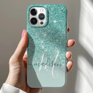 Vrouwelijke Teal Glitter Monogram Naam Case-Mate iPhone Case