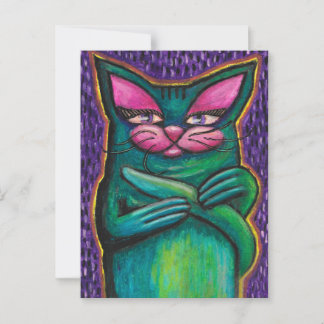 Vrouwelijke turquoise kat in oliepastel op paarse  briefkaart