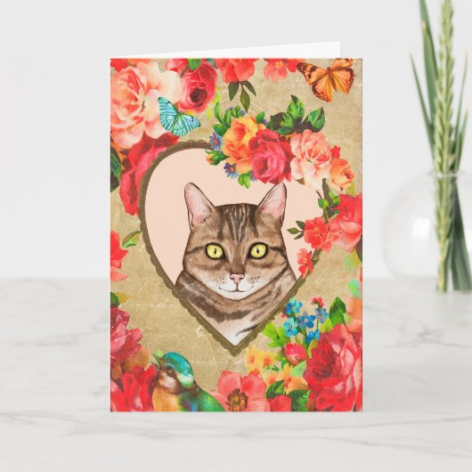 Vrouwelijke Valentijn met een kat in een hartvormi Kaart (Voorkant)