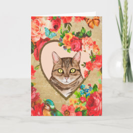 Vrouwelijke Valentijn met een kat in een hartvormi Kaart