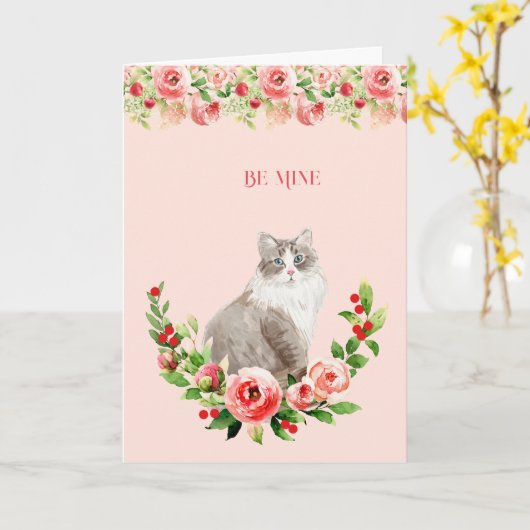 Vrouwelijke Valentijnsdag van de Roze Bloemen Kat Kaart (Gele Bloem)