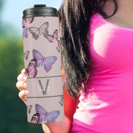 Vrouwelijke Vlinders en Monogram - Dusty Pink Thermosbeker