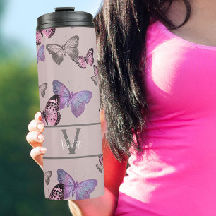 Vrouwelijke Vlinders en Monogram - Dusty Pink Thermosbeker