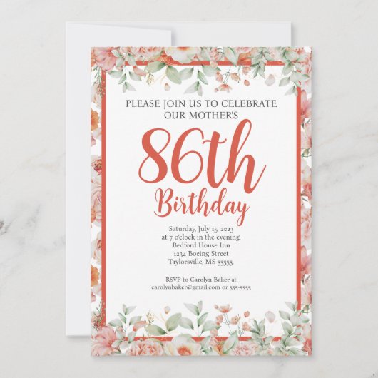 Vrouwelijke Waterverf Bloemen 86e Verjaardagsfeest Kaart (Voorkant)