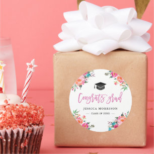 Vrouwelijke waterverf bloemen congratulatie afstud ronde sticker