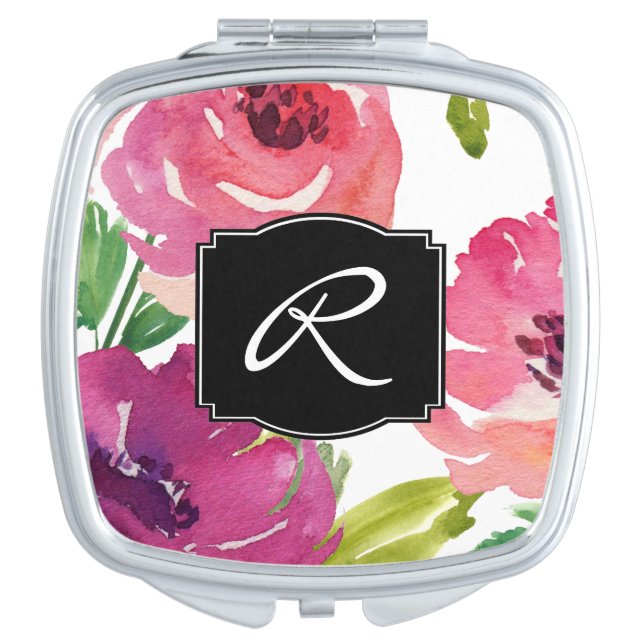 Vrouwelijke Waterverf Bloemen Monogrammed Make-up Spiegel (Voorkant)