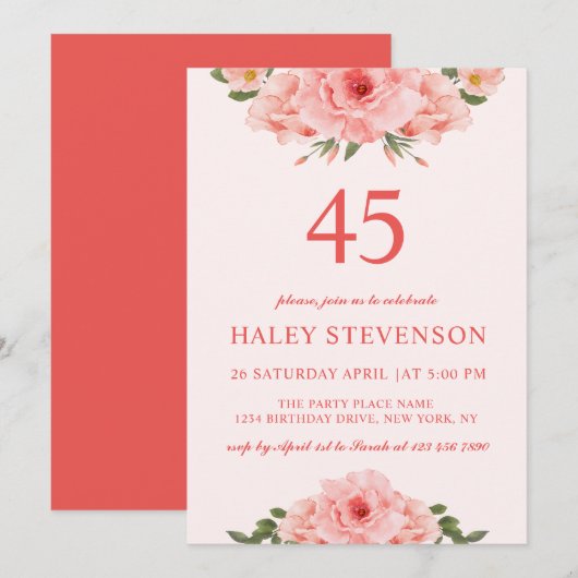 Vrouwelijke Waterverf Coral Chic Floral 45 Verjaar Kaart (Voorkant / Achterkant)