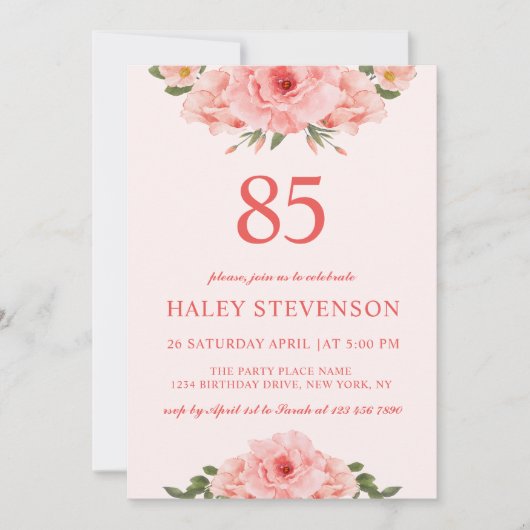 Vrouwelijke Waterverf Coral Chic Floral 85 Verjaar Kaart (Voorkant)