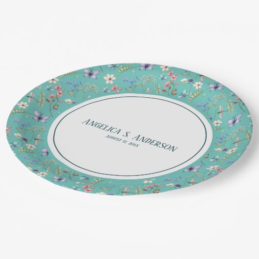 Vrouwelijke wilde bloem Blauwgroen patroon Persoon Papieren Bordje (Gekanteld)