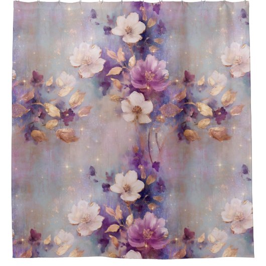 Vrouwelijke wit goud paarse bloemen douchegordijn (Voorkant)
