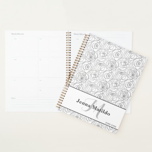 Vrouwelijke zwart-wit Rose Illustratie Planner (Display)