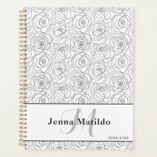 Vrouwelijke zwart-wit Rose Illustratie Planner (Voorkant)