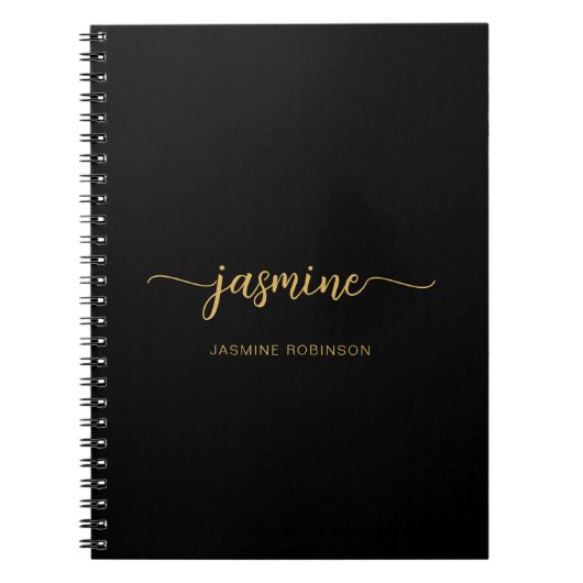 Vrouwelijke Zwarte Gouden Moderne Script Monogram Notitieboek (Voorkant)