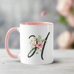 Vrouwelijke Zwarte Script Letter "H" Bloemen Roze Mok