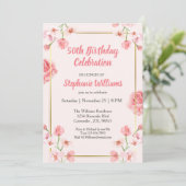 Vrouwen 50e verjaardag Roze bloemen Gouden rand Kaart (Staand voorkant)