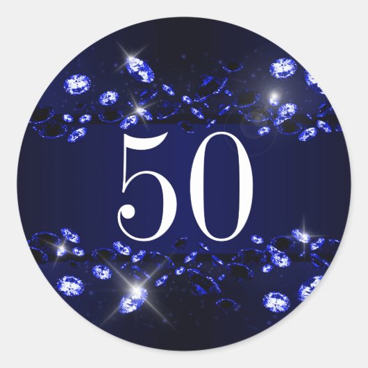 Vrouwen 50ste verjaardag Blauw Zwart Sparkly Diamo Ronde Sticker (Voorkant)