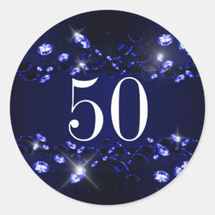 Vrouwen 50ste verjaardag Blauw Zwart Sparkly Diamo Ronde Sticker