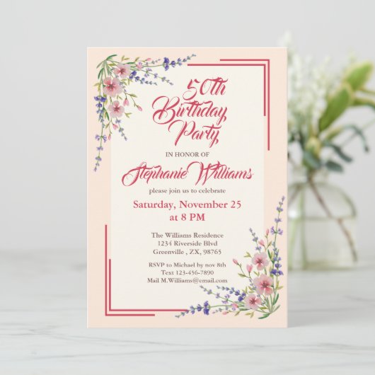 Vrouwen 50ste Verjaardag Party Floral Elegant Bord Kaart (Staand voorkant)