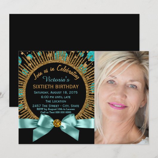 Vrouwen 60e verjaardag Blauwgroen blauw en goud fo Kaart (Voorkant / Achterkant)